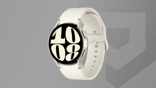 melhores-smartwatches-samsung-galaxy-watch-6 Imagem personalizada do Samsung Galaxy Watch 6 em branco sobre fundo cinza Pocket Tactics para guia dos melhores smartwatches