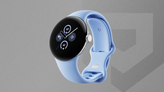 melhores-smartwatches-google-pixel-watch-2 Imagem personalizada do Google Pixel Watch 2 em azul baía em um fundo cinza do Pocket Tactics para o guia dos melhores smartwatches