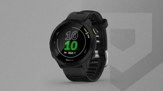 melhores-smartwatches-garmin-forerunner-55 Imagem personalizada do Garmin Forerunner 55 em um fundo cinza do Pocket Tactics para o guia dos melhores smartwatches