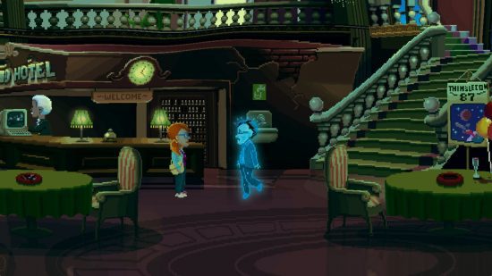 jogos de apontar e clicar - Thimbleweed Park jogos de apontar e clicar - Um local assombrado no Thimbleweed Park com um fantasma flutuando em direção a um humano