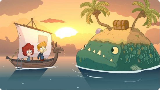 jogos de apontar e clicar - Lost In Play jogos de apontar e clicar - dois personagens humanóides em Lost In Play navegando em um barco em direção a um monstro