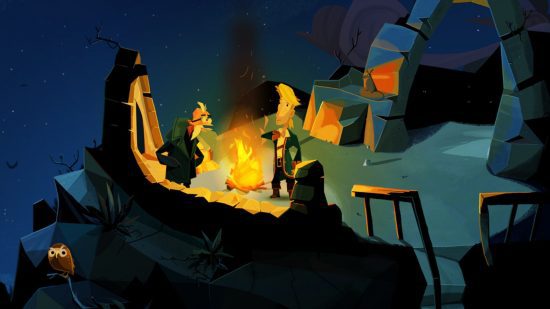 jogos de apontar e clicar - Return To Monkey Island jogos de apontar e clicar - Dois personagens sentados em uma fogueira em um penhasco em Return To Monkey Island