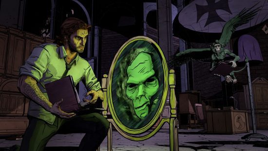 jogos de apontar e clicar - Wolf Among Us jogos de apontar e clicar - O xerife de Wolf Among Us olhando para um espelho amaldiçoado com um macaco voador vindo em sua direção