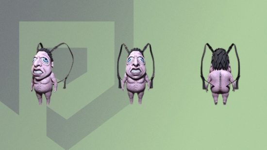 Acessório Ataque ao Titã Três vistas do acessório Attack on Titan na forma de uma pequena figura humanóide roxa