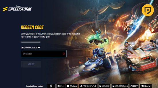 códigos de tempestade de velocidade da Disney 1 Códigos Disney Speedstorm: uma captura de tela do site de resgate de código solicitando um ID de jogador, apresentando o logotipo Pocket Tactics no canto superior direito da imagem