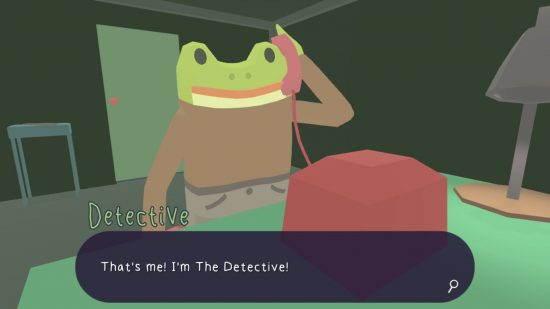 Uma captura de tela de Frog Detective the Whole Mystery, mostrando um sapo atendendo um telefone