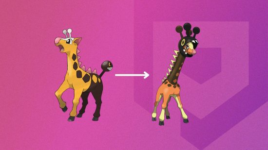 Evolução do Girafarig Os dois estágios da evolução do Girafarig e do Farigiraf em um fundo rosa