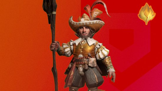 Lista de níveis de Dragonheir: Silent Gods: Alfie colado em um fundo vermelho do Pocket Tactics com um símbolo de fogo no canto superior direito