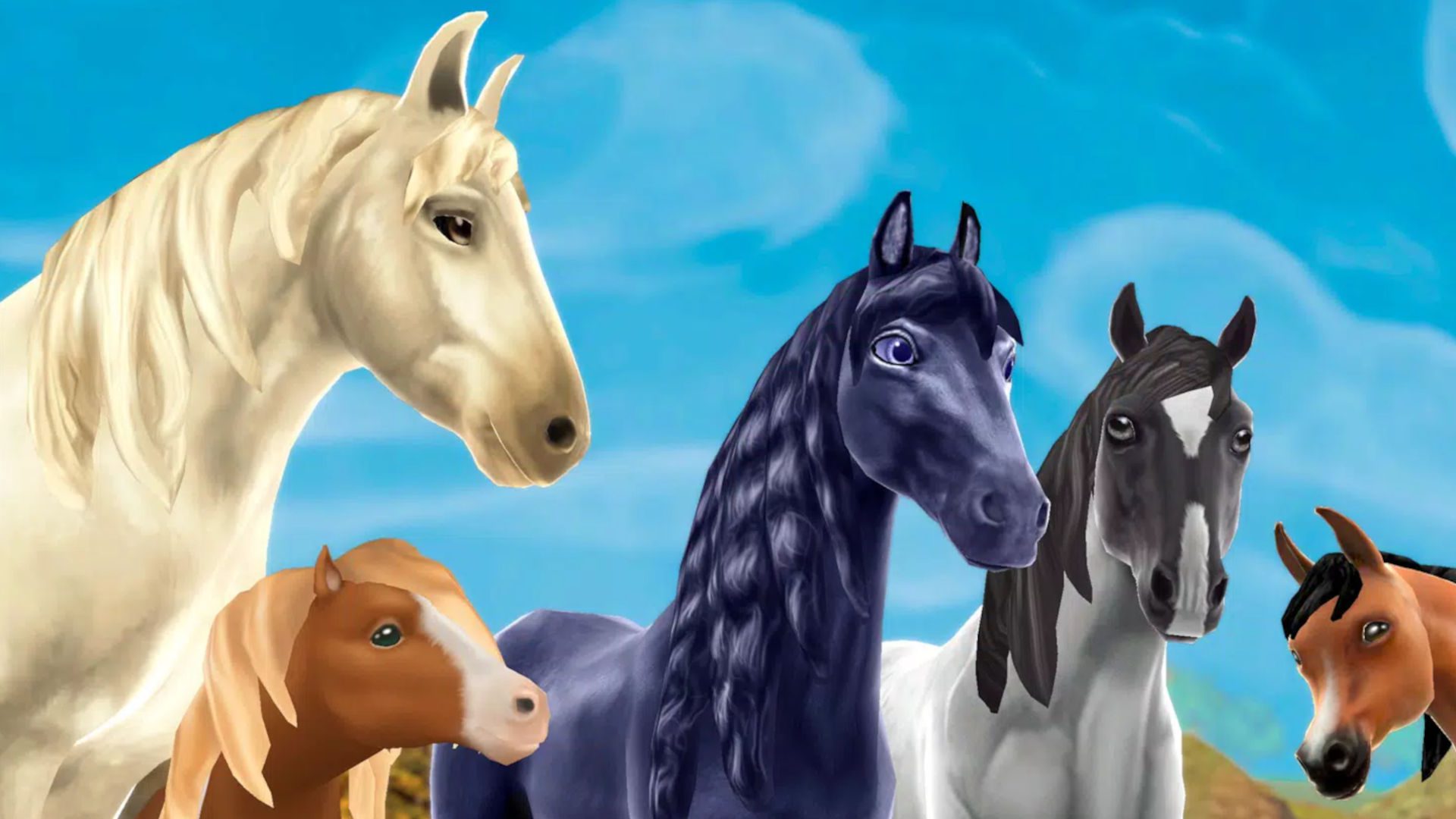 jogos-de-cavalo-contos-de-equitação Arte promocional de Horse Riding Tales: Wild Pony com uma coleção de cavalos de diferentes cores na tela