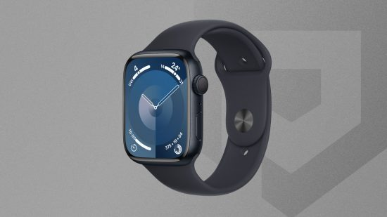 melhores-smartwatches-apple-watch Imagem personalizada do Apple Watch série 9 em preto sobre fundo cinza Pocket Tactics para guia dos melhores smartwatches