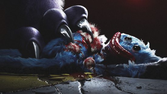 jogos de terror indie-2 Jogos de terror indie - uma cena do teaser do capítulo 3 do Poppy Playtime, mostrando uma garra segurando um Mini Wuggy