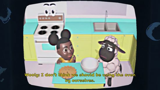 amanda-a-aventureira-lanosa-2 Uma captura de tela do Wooly de Amanda, a Aventureira, dizendo a Amanda que eles não deveriam usar o forno sozinhos