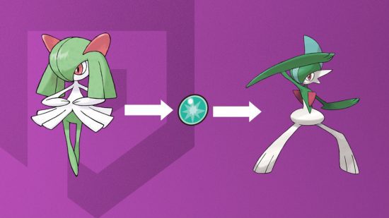 ralts-evolução-3 Evolução de Ralts - Kirlia e Gallade em frente a um fundo roxo com uma pedra do amanhecer no meio