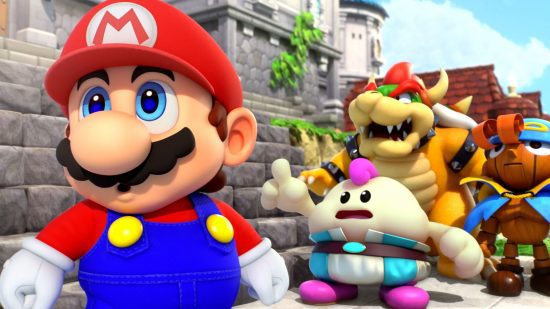 super-mario-rpg-preview-personagens Captura de tela de uma cena com Mario, Mallow, Geno e Bowser