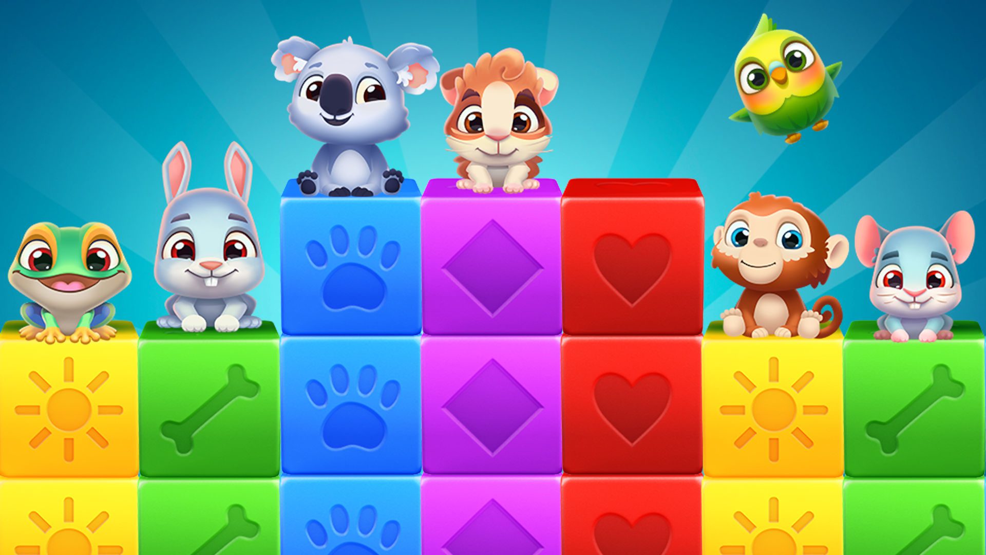 Saga de resgate de animais de estimação dos jogos Candy Crush Imagem promocional da Pet Rescue Saga mostrando animais de estimação sentados em cima de blocos coloridos