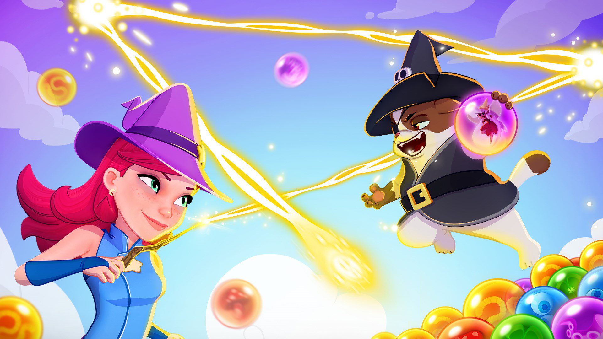 Jogos Candy Crush Bubble Witch 3 Saga Imagem promocional da Saga Bubble Witch 3 mostrando a bruxa apontando sua varinha para um inimigo cercado por bolhas e luz