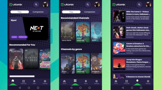 Revisão do Utomik – três capturas de tela lado a lado mostrando o aplicativo móvel Utomik