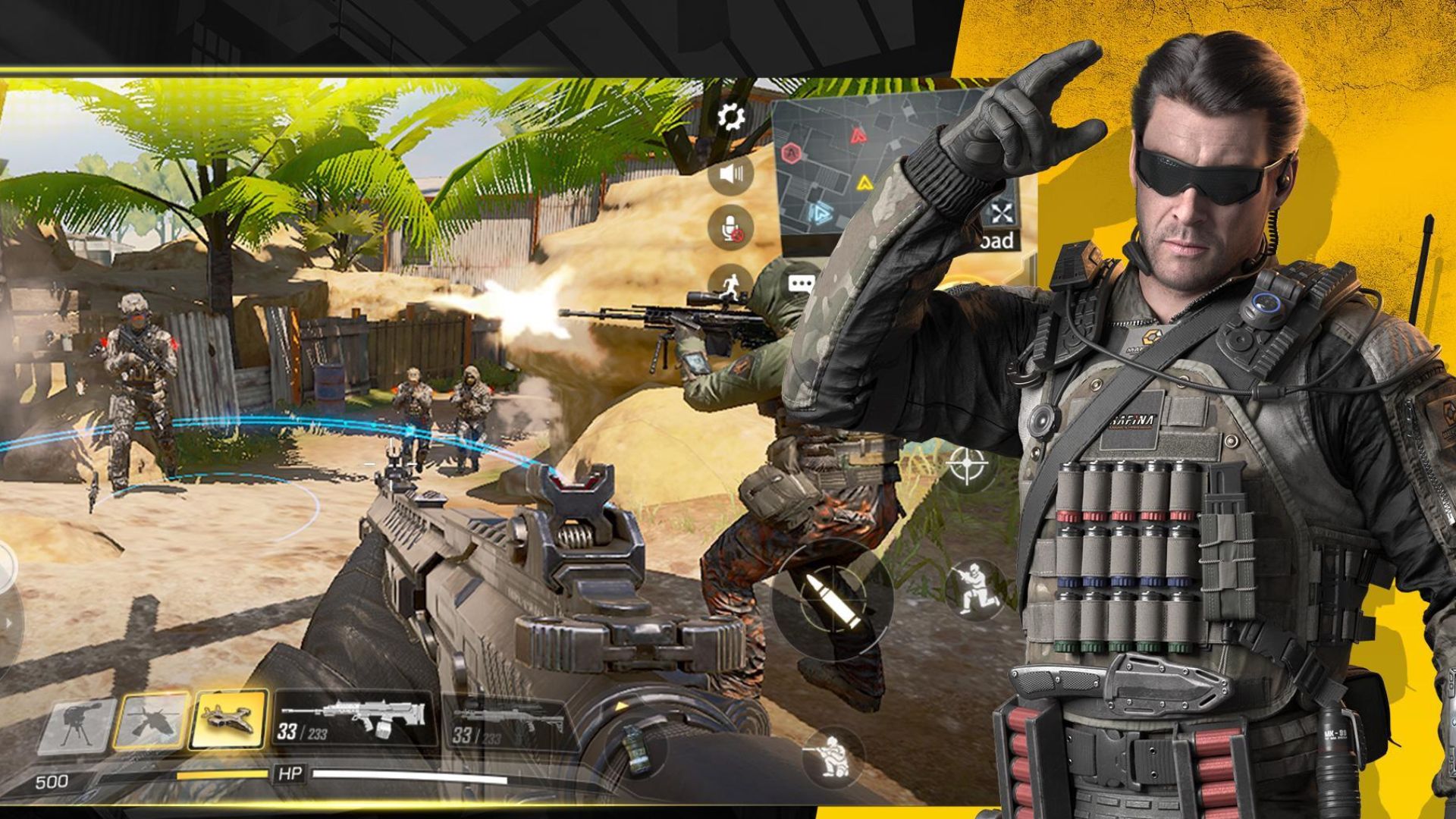Jogos FPS - um homem fazendo continência em uma armadura de soldado moderna ao lado de uma captura de tela do Cod Mobile mostrando uma visão em primeira pessoa de um homem segurando um rifle de assalto.