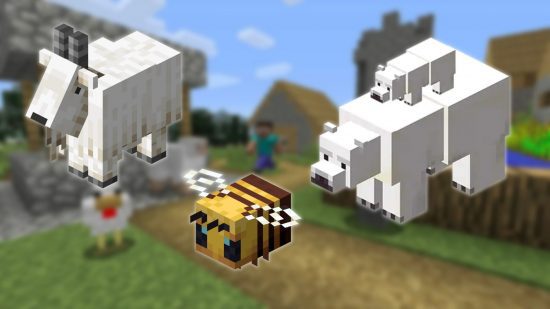Multidões de Minecraft Mobs do Minecraft: uma abelha, uma cabra e um urso polar no Minecraft
