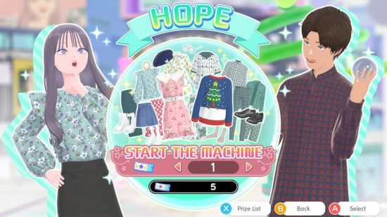 crítica de sonhadora de moda 7 Crítica do Fashion Dreamer: uma captura de tela da tela do gacha Cocoon Hope mostrando um personagem masculino e feminino, além de uma seleção de itens de roupas