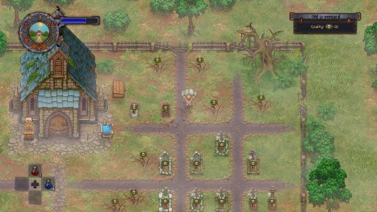 Life Sims Guardião do Cemitério life sims - seção externa do Graveyard Keeper onde um jogador constrói sepulturas