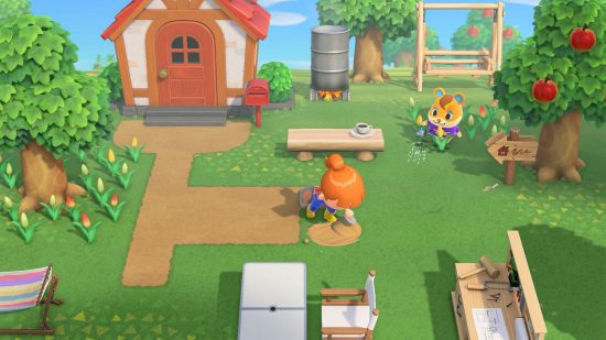 vida sims Animal Crossing Novos Horizontes life sims – um personagem que decora o exterior em Animal Crossing New Horizons