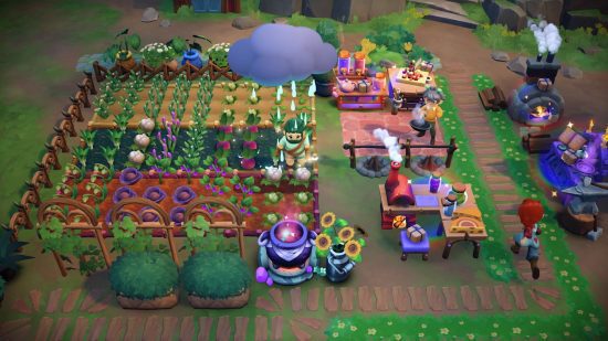 vida sims Fazenda Fae life sims - uma fazenda movimentada em Fae Farm com um humano regando plantações usando uma nuvem