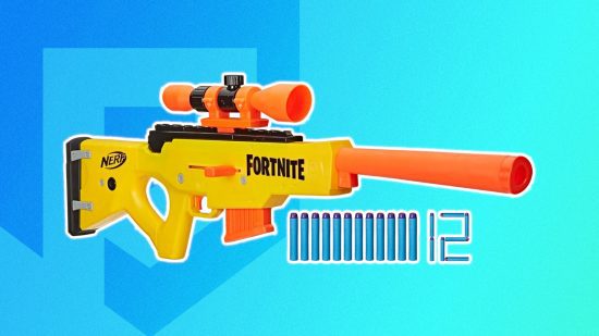 armas nerf fortnite 4 Armas Fortnite Nerf: O blaster Fortnite Nerf BASR-L contornado em branco e colado em um fundo PT azul
