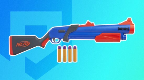 armas nerf fortnite 3 Armas Fortnite Nerf: O blaster Fortnite Nerf Pump SG contornado em branco e colado em um fundo PT azul