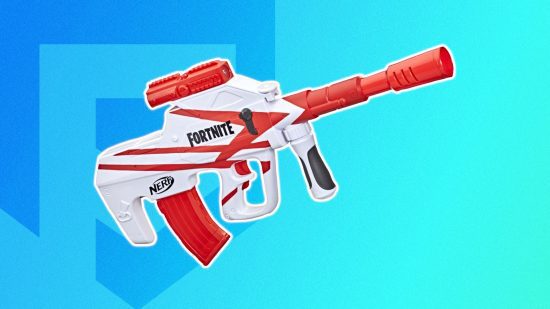 armas nerf fortnite 2 Armas Fortnite Nerf: O blaster Fortnite Nerf B-AR contornado em branco e colado em um fundo PT azul