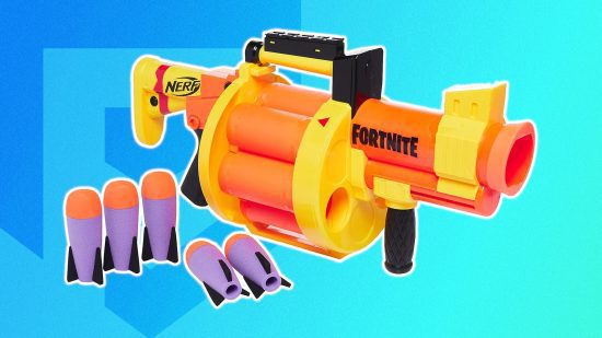 armas nerf fortnite 8 Armas Fortnite Nerf: O blaster Fortnite Nerf GL contornado em branco e colado em um fundo PT azul