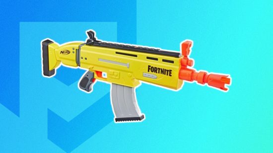armas nerf fortnite 7 Armas Fortnite Nerf: O blaster Fortnite Nerf AR-L contornado em branco e colado em um fundo PT azul