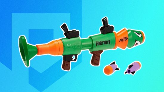 armas nerf fortnite 6 Armas Fortnite Nerf: O blaster Fortnite Nerf RL contornado em branco e colado em um fundo PT azul