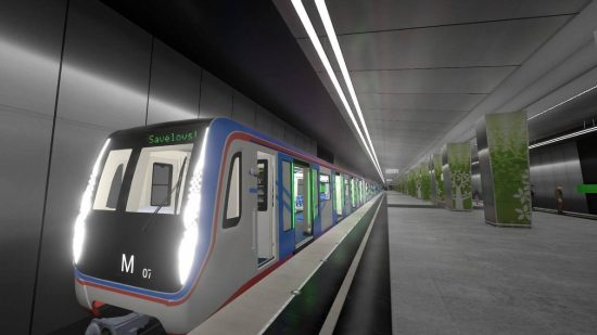 Jogos de trem: um nível 3D mostra uma recriação virtual de um trem e de uma estação ferroviária