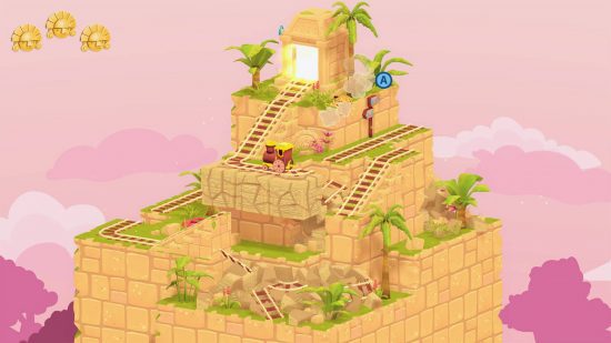 Jogos de trem: um nível 3D semelhante a um diorama é visível, com um pequeno trem se movendo pelos trilhos