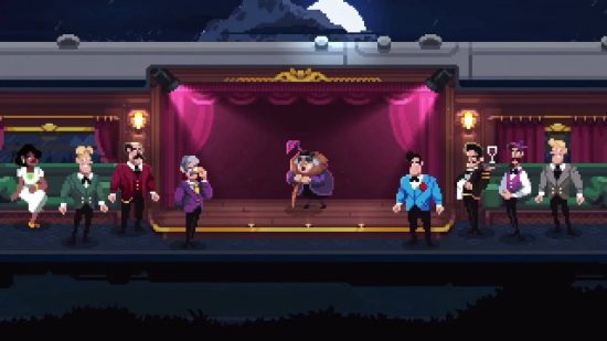 Train Games: uma cena pixelada em 2D mostra uma série de pessoas bem vestidas em um trem