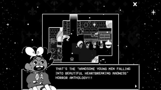 Na revisão de Stars and Time Switch: Uma captura de tela de Mirabelle gritando 'Esses são os 'jovens bonitos caindo em uma bela antologia de terror e loucura comovente!'  em um livro que ela encontrou