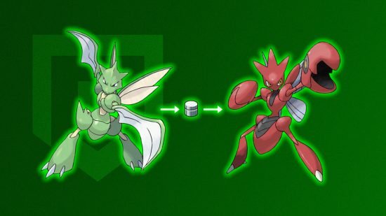 scyther-evolução-2 Evolução do Scyther: Scyther, o revestimento de metal, e Scizor brilhando em verde na frente de um fundo verde