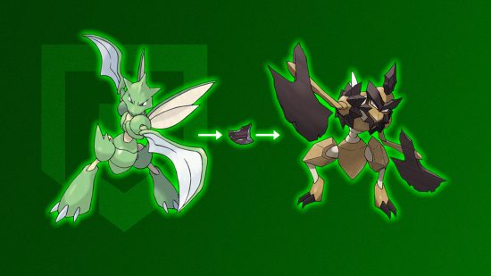 scyther-evolução-1 Evolução do Scyther: Scyther, o augurita preto, e Kleavor brilhando em verde na frente de um fundo verde
