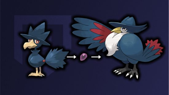 Evolução de Murkrow: Murkrow, a pedra do crepúsculo e Honchkrow na frente de um fundo azul meia-noite