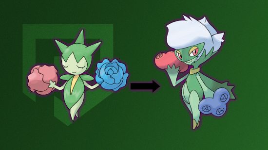 budew-evolução-2 Evolução Budew: Roselia e Roserade rodeadas por uma tonalidade roxa em frente a um fundo verde