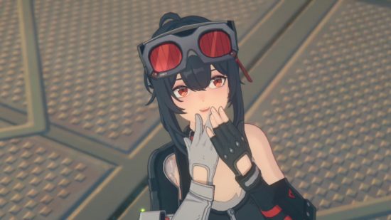 Zona Zenless Graça Zero Zenless Zone Zero Grace com as mãos no rosto, usando óculos grandes