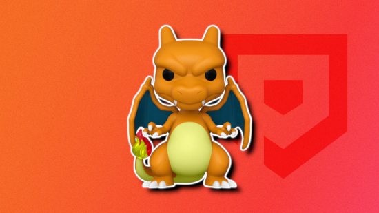 figuras de pokémon 1 Figuras de Pokémon: Um vinil Charizard Funko Pop contornado em branco e colado sobre fundo vermelho PT