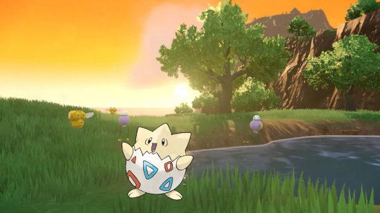 como evoluir-togepi (3) Como evoluir o Togepi: uma captura de tela de Scarlet e Violet mostra uma área ensolarada, e uma imagem de Togepi é imposta sobre ela