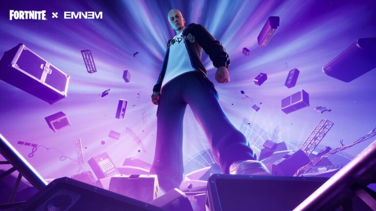 Fortnite The Big Bang Loading Screen Eminem Looking Down On Player Near Sound Boxes