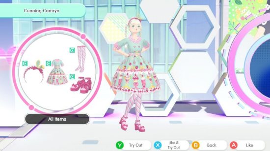 crítica de sonhadora de moda 4 Crítica do Fashion Dreamer: uma captura de tela do jogo mostrando uma visão geral da roupa de Cunning Camryn, que apresenta cabelos loiros em longas tranças, um vestido lolita estilo lanchonete dos anos 50 em menta e rosa com motivos de sundae, meias listradas rosa e sapatos de salto rosa