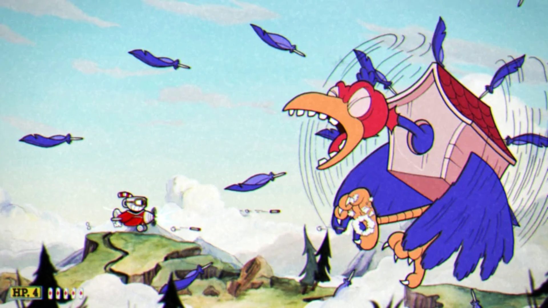 Data de lançamento de Cuphead 2 – Cuphead pilotando um avião e atirando em um pássaro gigante preso em uma caixa de pássaros que está lançando penas