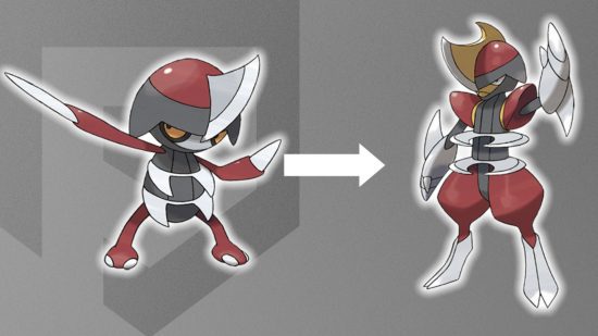 bisharp-evolução-1 Evolução de Bisharp mostrando Pawniard uma flecha e Bisharp na frente de um fundo cinza