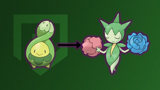 budew-evolução-1 Evolução Budew: Budew e Roselia rodeados por uma tonalidade roxa em frente a um fundo verde