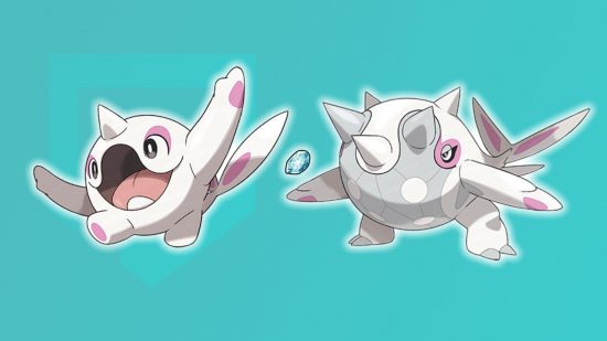 cetoddle-evolução-1 Evolução de Cetoddle: Cetoddle, uma pedra de gelo, e Cetitan em frente a um fundo azul claro